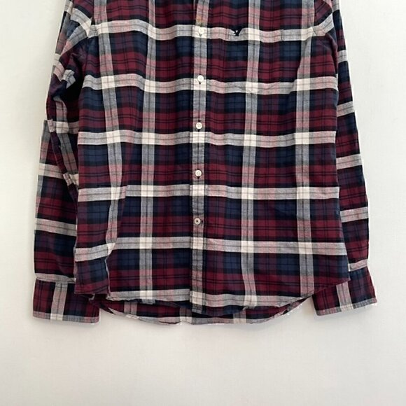 AMERICAN EAGLE Mens Classic Fit Burgundy Red Navy Plaid Long Sleeve Button Down - Picture 3 of 13